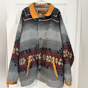 Vintage Everest Aztec Southwestern Wool Blend Leather Details Blanket Coat Sz XL